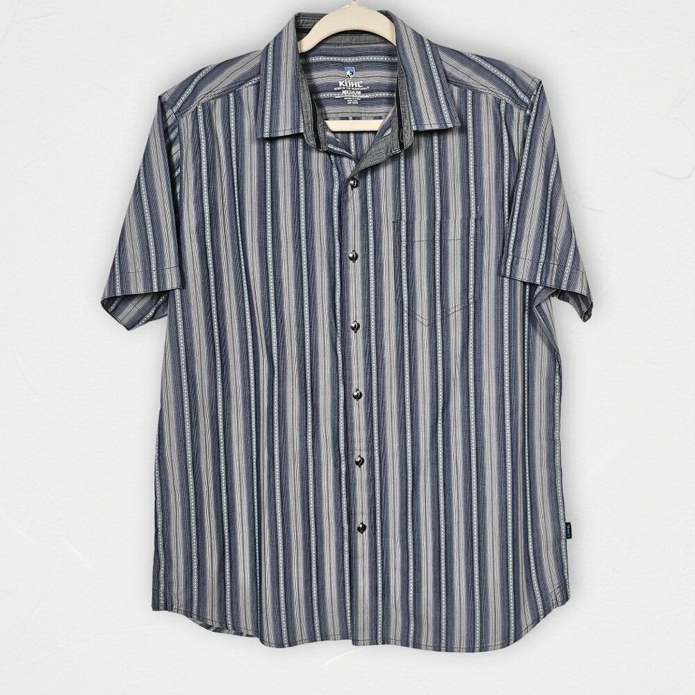KÜHL Striped Short Sleeve Button Up Shirt Blue Gray Outdoor Hiking Men’s Medium